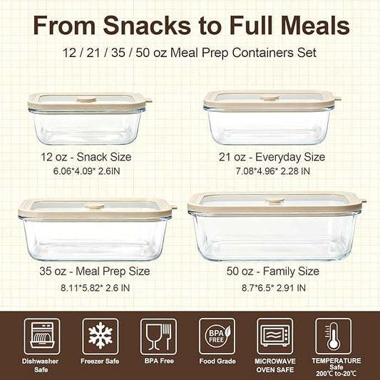 4 Pack Glass Meal Prep Containers Set with Glass Lids, Plastic-Free Glass Food Storage Containers, Multi-Size Glass Food Prep Containers for Lunch, Leftovers, Microwave, Freezer (12, 21, 35, 50 oz)