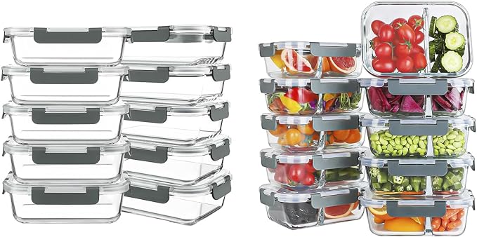 KOMUEE 10 Packs 30 oz Glass Meal Prep Continers Set with 1 & 2 Compartments, Glass Food Storage Containers with Lids, Freezer, Oven and Microwave Friendly