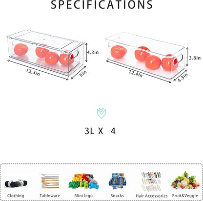 4Pack Stackable Fridge Drawers Pull-out Storage Bins with Handle Clear Food Container for Refrigerator Plastic Dresser Organizer Fruit&Veggie Keeper for Freezer Cabinet Kitchen Organization