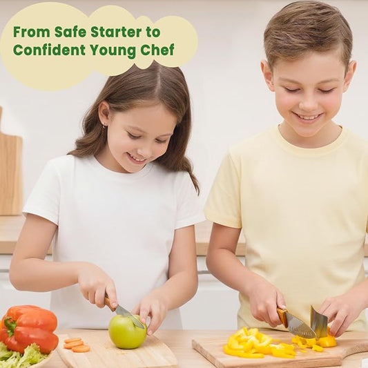 Kibbidea Kids Knife Set for Real Cooking，4-Pieces Kids Kitchen Knives with Stainless Steel Blade, Wooden Handle, Child Friendly Chef Knife for Cutting Chopping, BPA-free Knives for Teenager 8-12