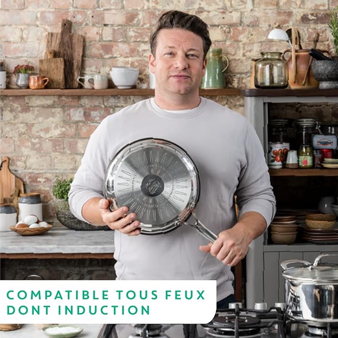 T-Fal x Jamie Oliver Nonstick Coated Stainless Steel Pans 8", 9.5" & 11", Frypan Set Induction Compatible, Oven Safe up to 500°F, Chef's Stainless Steel Skillet, Frying Pan, Silver