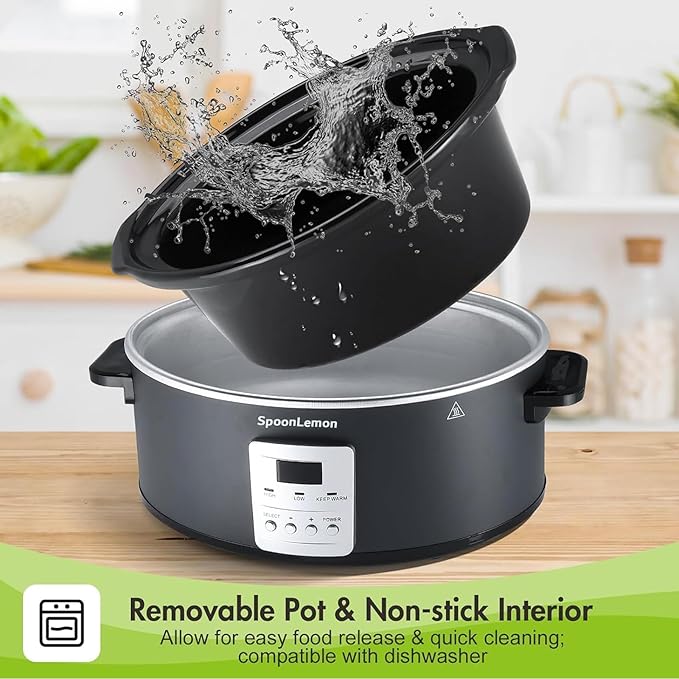 7QT Electric Slow Cooker with Digital Timer, 20H Programmable & 3 Heat Settings, Oval Ceramic Pot, Large Capacity for Family Dinner, Meal Prep, Compatible with 30 pcs 13"x21" Cooking Liners