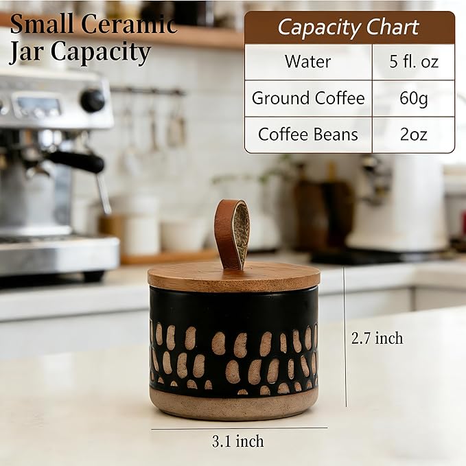 Small Canister 5 fl.oz Kitchen Salt Cellar, Ceramic Jar with Airtight Lid Spice Pepper Butter Food Storage Jar for Matcha Mints Sugar Coffee Daily Vitamins Tooth Powder Decorative Jars Set of 2