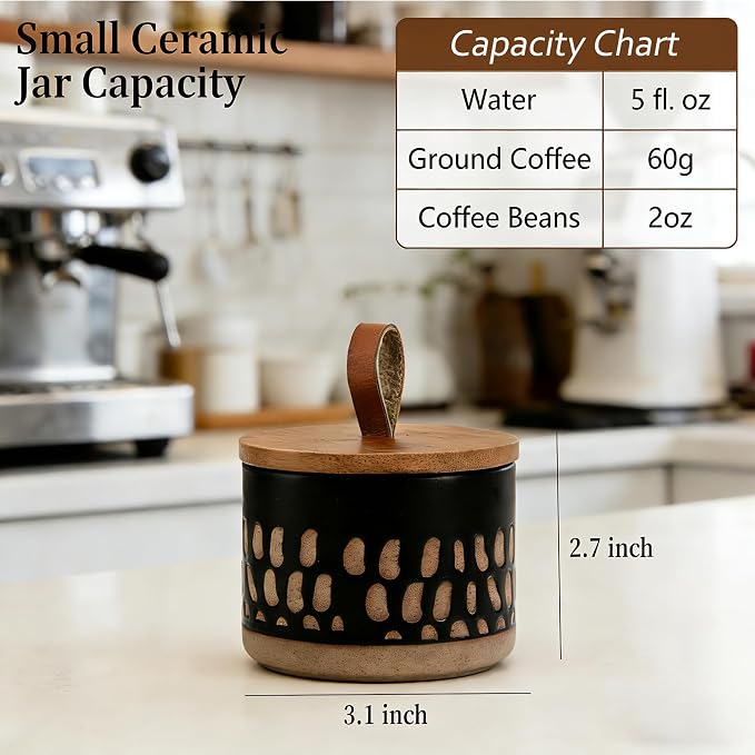 Small Canister 5 fl.oz Kitchen Salt Cellar, Ceramic Jar with Airtight Lid Spice Pepper Butter Food Storage Jar for Matcha Mints Sugar Coffee Daily Vitamins Tooth Powder Decorative Jars (Black)