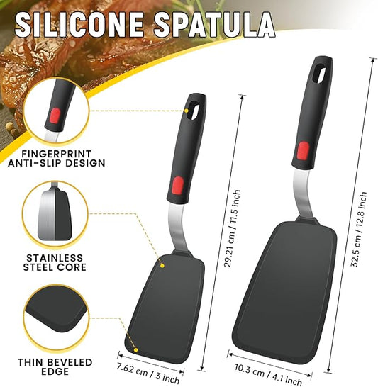 2Pack Flexible Silicone Spatula Turner, Heat Resistant Silicone Turner for Non-Stick Cookware, BPA-Free Kitchen Spatula Utensils, Ideal for Flipping Eggs, Burgers, Pancakes, Black