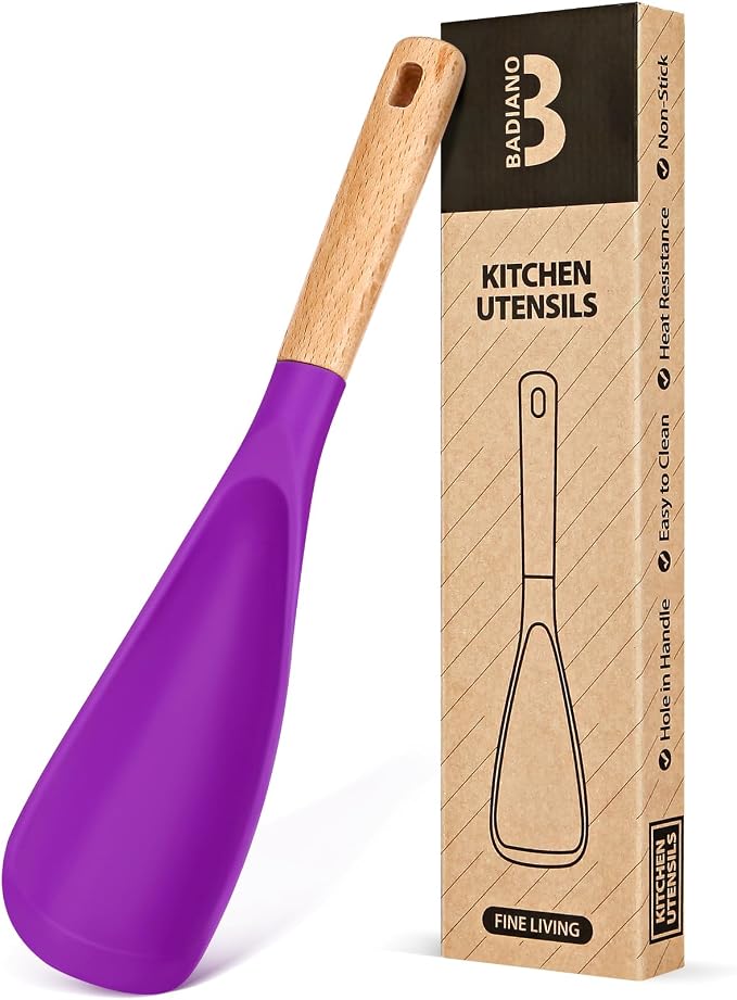 Cooking Spoon for Nonstick Cookwares, Great for Cooking and Serving Sturdy BPA-Free Matte Silicone, Wood Handle Spoon for Mixing, Scoop, and Scrape (BERRY, 11.4 inch)