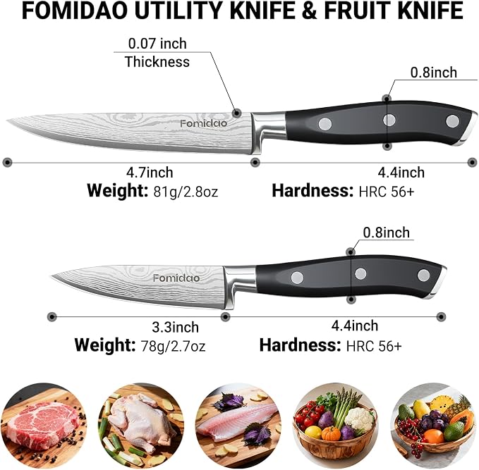 Razor Sharp 2PCS Small Kitchen Knife Set, 5 inch Utility Knife and 3.5 inch Paring Knife, High Carbon Steel Damascus Pattern Japanese Chef Knife with Full Tang Handle Design for Home Kitchen