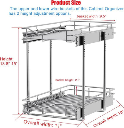 DINDON 2 Tier Pull Out Cabinet Organizer (11" W x 18" D) Heavy-Duty Metal Sliding Drawer Shelf, Two Tier Pull Out Shelves for Kitchen Cabinets, Pantry, Bathroom, Chrome Finish