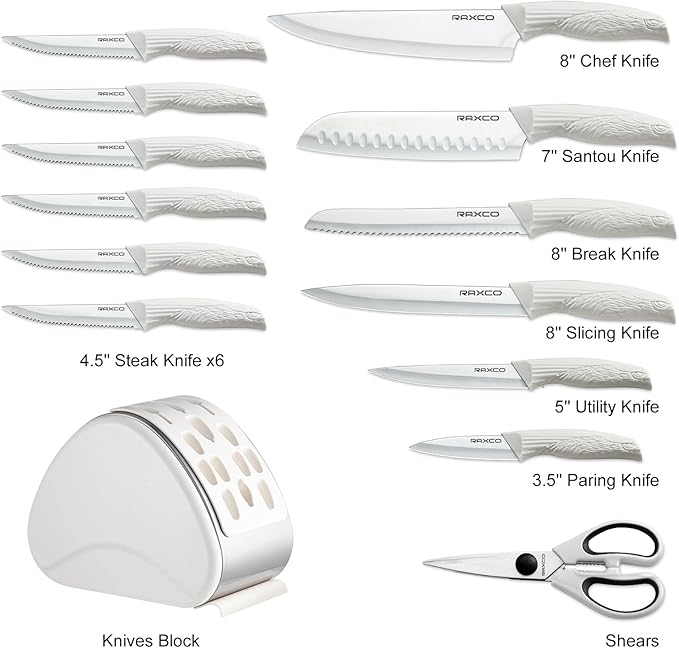 RAXCO 15-Piece Kitchen Knife Set with Block, White | Stainless Steel Blades, Ergonomic Handles. 15-Pc in Modern Block With Built-in Sharpener.
