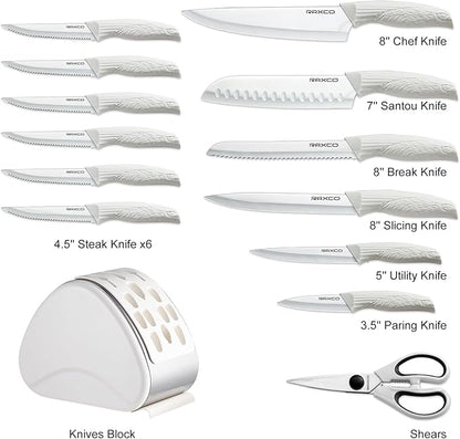 RAXCO 15-Piece Kitchen Knife Set with Block, White | Stainless Steel Blades, Ergonomic Handles. 15-Pc in Modern Block With Built-in Sharpener.