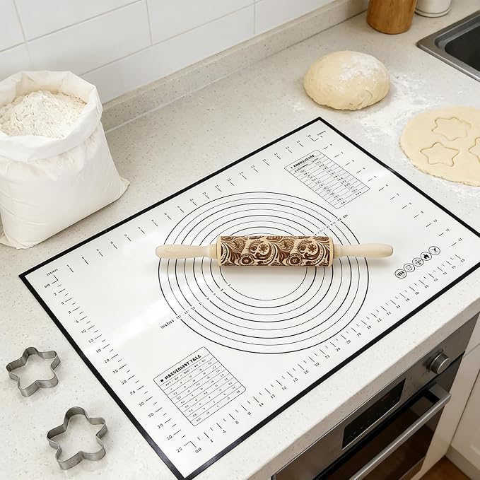 Classic Wood Rolling Pin, Wooden Rolling Pins for Baking Silicone Mat Set, Rolling Pins for Baking, Fondant Roller for Pie Crust Cookies Pizza Dough and Bread, 13.78Inch
