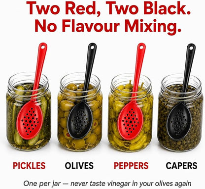 Olive and Pickle Spoon Set of 4, 7-Inch Small Slotted Serving Utensils for Jars, Red and Black, Perfect for Olives, Pickles, Capers, Pepperoncini, Cherries, Dishwasher Safe, Made in USA by Pikanty