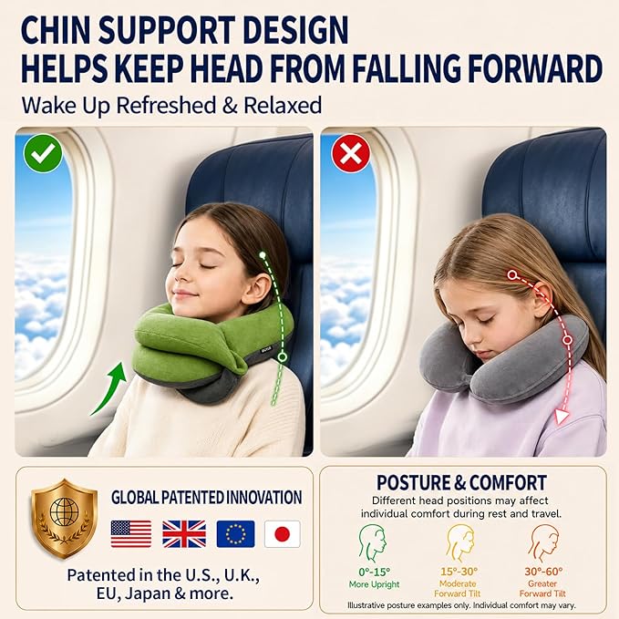 BUYUE Kids Travel Pillows for Airplane, Memory Foam 360° Head Support Sleeping Essentials for Long Flight, Skin-Friendly Soft Neck Pillow for Traveling in Car Seat, (Small, Green Grey, 40-90 lbs)