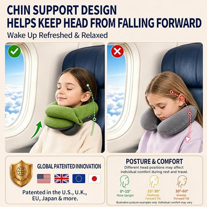 BUYUE Kids Travel Pillows for Airplane, Memory Foam 360° Head Support Sleeping Essentials for Long Flight, Skin-Friendly Soft Neck Pillow for Traveling in Car Seat, (Small, Green Grey, 40-90 lbs)