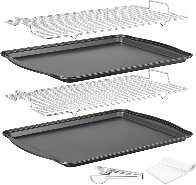 Baking Sheet with Rack Set, Carbon Steel Cookie Sheets for Baking, Multipurpose Cooking Sheet Pan, Cooling Rack, Nonstick Baking Pans, Dishwasher Safe, Size 17 x 12 x 0.8 Inches