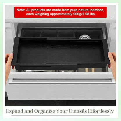 LemonRoad 1 Pcs Sliding Drawer Organizer Bin Bamboo Drawer Expandable Bins Utensil Organizer for Kitchen Spoons Forks Knives (Black)