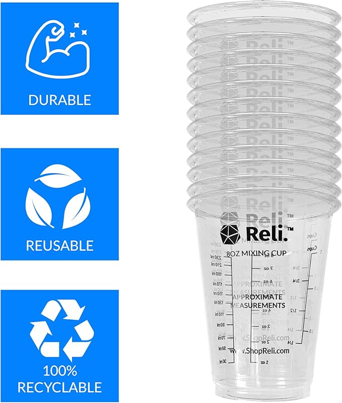 Reli. 8 oz Paint Mixing Cup/Resin Mixing (20 Pcs) | Disposable Measuring Cups | Clear Plastic Measures | Use for Paint, Epoxy Resin, Pigments (8oz)