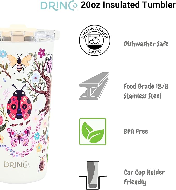 Drinco - 20 oz Stainless Steel Tumbler | Double Walled Vacuum Insulated Mug With Lid, 2 Straws, For Hot & Cold Drinks (20oz Bugs World)