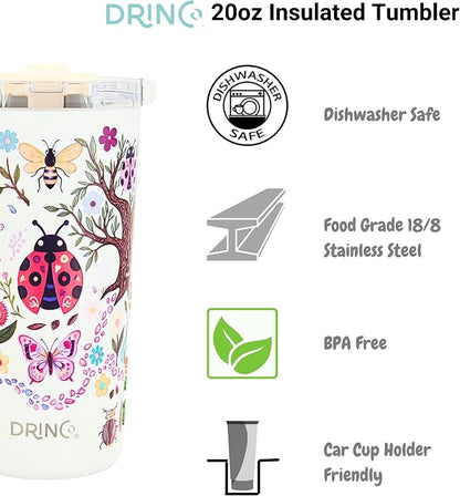 Drinco - 20 oz Stainless Steel Tumbler | Double Walled Vacuum Insulated Mug With Lid, 2 Straws, For Hot & Cold Drinks (20oz Bugs World)