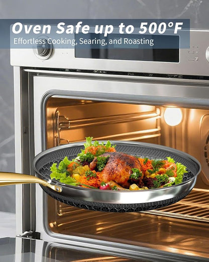 FogDream Non Stick Frying Pots and Pans Set, 9.5in Frying Pan, 5-Quart Soup Pot & 2.3-Quart Sauce Pan, Tri-Ply Stainless Steel Skillet for All Cooktops, Dishwasher & Oven-Safe Cookware Set, Gold