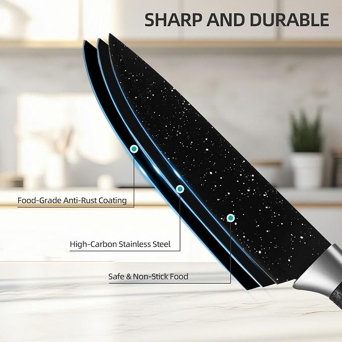 TJ POP Kitchen Knife Set 6-Piece, Rustproof Sharp Stainless Steel Chef's Knife Set, Non-Stick Coated Black Starry Night Pattern Blades and Ergonomic Handle, Cooking Knives for Home Restaurant Camping