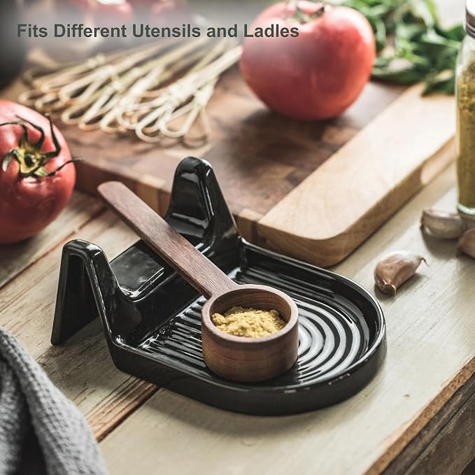 Ceramic Spoon Rest for Countertop Heat-Resistant Spoon Rest with Slot Easy for Tong and Spoon Kitchen Gadgets & Kitchen Utensils Holder, Black with White Splash