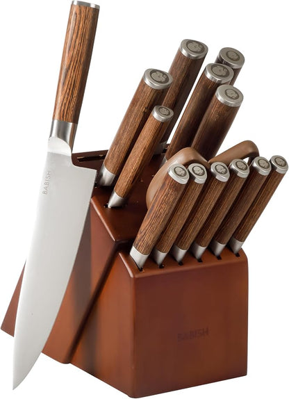 Babish High-Carbon 1.4116 German Steel 15 Piece Full Tang Forged Cutlery Kitchen Knife Block Set - Dark Pakka Wood Handle