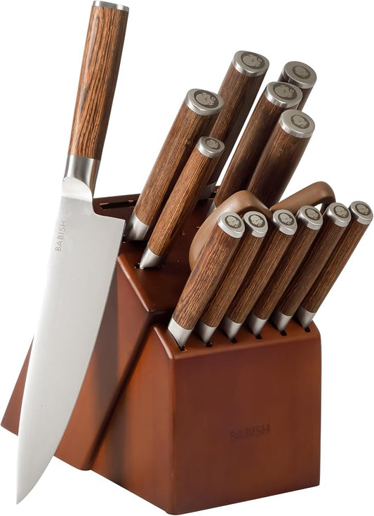 Babish High-Carbon 1.4116 German Steel 15 Piece Full Tang Forged Cutlery Kitchen Knife Block Set - Dark Pakka Wood Handle