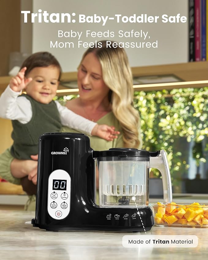 Grownsy Baby Food Maker with Steam Basket, One Step Baby Food Processor Steamer Puree Blender Grinder Mills Machine, Auto Cooking Grinding and Sterili-zing for Healthy Homemade Baby Food, Black