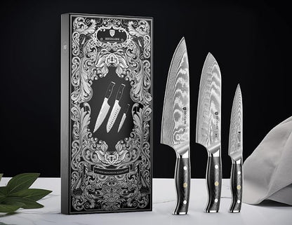 Damascus Knife Set 3 PCS with Premium VG10 Damascus Steel, Ultra-Sharp Professional Japanese Kitchen Knife Set, Full Tang Chef Knife Set with G10 Hand