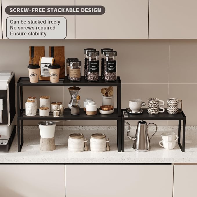 Magheo Expandable Cabinet Shelf Organizer, 2 Pack Stackable Kitchen Counter Shelf Riser, Metal Spice Rack Heavy Duty Countertop Organizer Storage for Kitchen, Pantry, Cupboard, Rv (8.7in Height,Black)