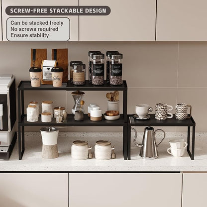 Magheo Expandable Cabinet Shelf Organizer, 2 Pack Stackable Kitchen Counter Shelf Riser, Metal Spice Rack Heavy Duty Countertop Organizer Storage for Kitchen, Pantry, Cupboard, Rv (8.7in Height,Black)