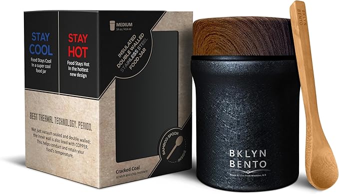 Insulated Food Jar with Bamboo Spoon: Wide Mouth 18/8 Stainless Steel Lunch Container for Hot Soup & Food, Leakproof Vacuum Metal Flask (14oz, Cracked Coal / Black)
