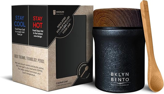 Insulated Food Jar with Bamboo Spoon: Wide Mouth 18/8 Stainless Steel Lunch Container for Hot Soup & Food, Leakproof Vacuum Metal Flask (14oz, Cracked Coal / Black)