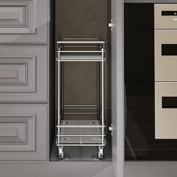 LOVMOR Pull Out Cabinet Organizer and Storage (5" W x 21" D) 2-Tier Pull Out Shelf Storage for Kitchen Base Cabinet Silver(5" W x 21" D, Silver, Roll on Top)