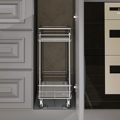LOVMOR Pull Out Cabinet Organizer and Storage (5" W x 21" D) 2-Tier Pull Out Shelf Storage for Kitchen Base Cabinet Silver(5" W x 21" D, Silver, Roll on Top)