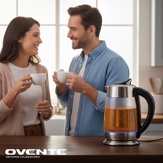 OVENTE Electric Tea Kettle with Temperature Control and Removable Tea Infuser, 1500W Water Boiler and Heater with 1.8L Borosilicate Glass, BPA Free, Auto Shut Off & Boil Dry Protection, Silver KG6610S
