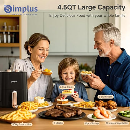 SIMPLUS 4.5QT Air Fryer, 1300W Adjustable Temperature Airfryer Oven, 6 Preset Cooking Options, 392°F Rapid Air Crisp Technology, Quick & Easy Meals in Minutes, Nonstick & Easy-Clean Basket, Black