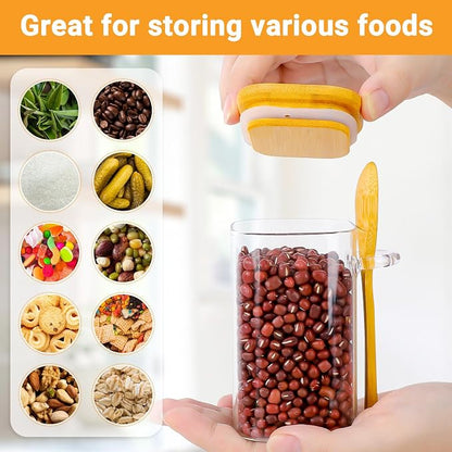 Glass Jars with Bamboo Lids and Spoons - 2 Pack 8 Fl.oz Square Glass Spice Jars with Lid, Small Food Canister Stackable Pantry Container for Honey Jam, Seasoning, Tea, Coffee and Sugar