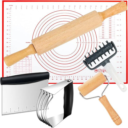 Wooden Rolling Pins for Baking, Small Dough Roller with Handle, Stainless Steel Pastry Blender Set with Pizza Dough Roller Docker, Pastry Cutter, Dough Cutter, Baking Mat, for Home Kitchen Cooking