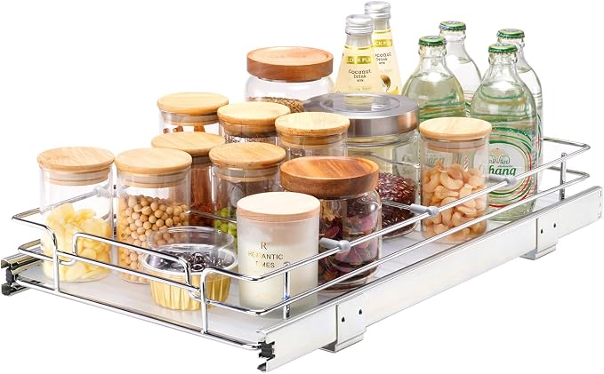 Happybuy 11" W x 21" D Pull Out Cabinet Organizer - Heavy Duty Chrome-Plated Steel Sliding Drawers for Pantry, Home, Kitchen Cabinet, Bathroom.