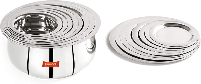 Sumeet Stainless Steel Belly Shape 8 Pc Tope/Cookware/Pot Set with Lid 380ML, 500ML, 780ML, 1.1Ltr, 1.4Ltr, 1.75Ltr, 2.4 LTR, 3.1 LTR (Silver)