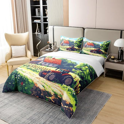 Castle Fairy Full Size Duvet Cover Set Red Farm Tractors Comforter Cover Set 100% Pure Cotton Rustic Farmhouse Duvet Cover Set (No Filler) Pixelated Style Gaming Bedding Set 3 Pcs