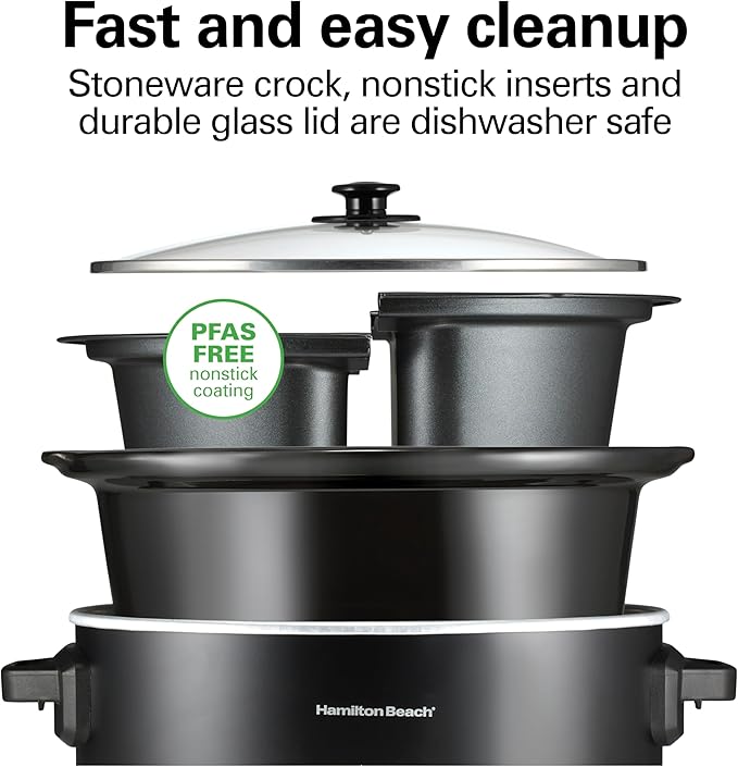 Hamilton Beach Double Dish Slow Cooker with 6qt Crock and Dual 2.5qt Nonstick Insert to Cook Two Meals at Once, Serves 7+ People, Dishwasher Safe Pot & Lid, Black (33569)