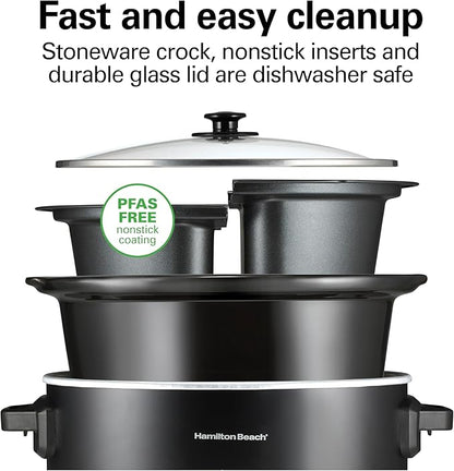 Hamilton Beach Double Dish Slow Cooker with 6qt Crock and Dual 2.5qt Nonstick Insert to Cook Two Meals at Once, Serves 7+ People, Dishwasher Safe Pot & Lid, Black (33569)