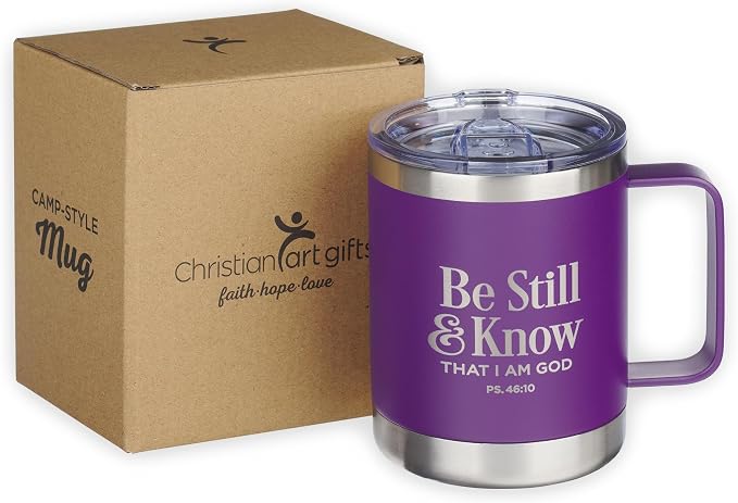 Christian Art Gifts Reusable Stainless Steel Double Wall Vacuum Insulated Camp Style Travel Mug w/Handle for Women: Be Still & Know Inspirational Bible Verse, BPA-free Retractable Lid, Purple, 11 oz.