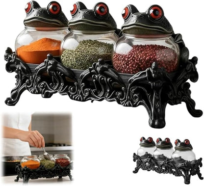 Witchy Frog Apothecary Spice Jars, Handcrafted Vintage Glass Storage Jars with Red-Eyed Frog Lids, Gothic Kitchen Herb Teas Food Storage Containers for Home Decor Fun Display (3-piece set)