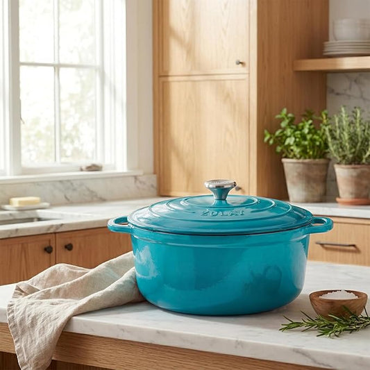 Zulay Kitchen 6.4QT Enameled Cast Iron Dutch Oven Pot with Lid, Heavy-Duty Soup Pot for Stews, Braising, Roasting & Sourdough Bread Baking, Oven Safe up to 500°F - Light Blue