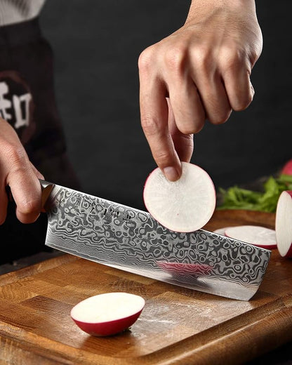 HEZHEN 7 inch Nakiri Knife Japanese High Carbon Steel-Super Durable Cooking Knife-67 Layers of Damascus Steel Sharp Blade -Ergonomic Design for Figured Sycamore Wood Handle