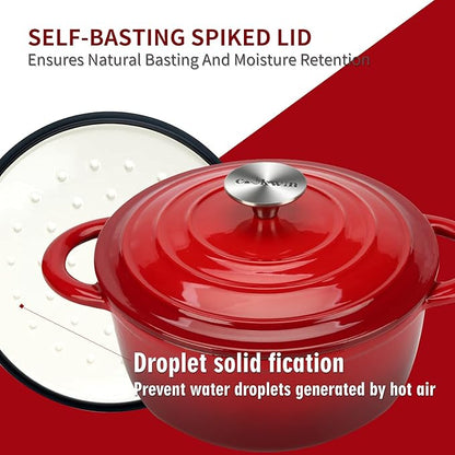 Enameled Cast Iron Dutch Oven, 4.5QT Heavy Duty Cooking Pot with Lid, Oven Safe up to 500° F for Sourdough Bread Baking, Braising, Stew, Family And Friends Best Gifts, Red
